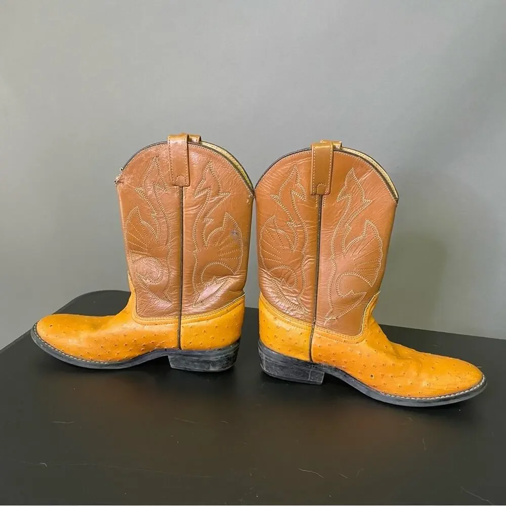 Acme Cowboy Boots Vintage Faux Ostrich Size 4.5 Orange Brown 90s Western Rodeo